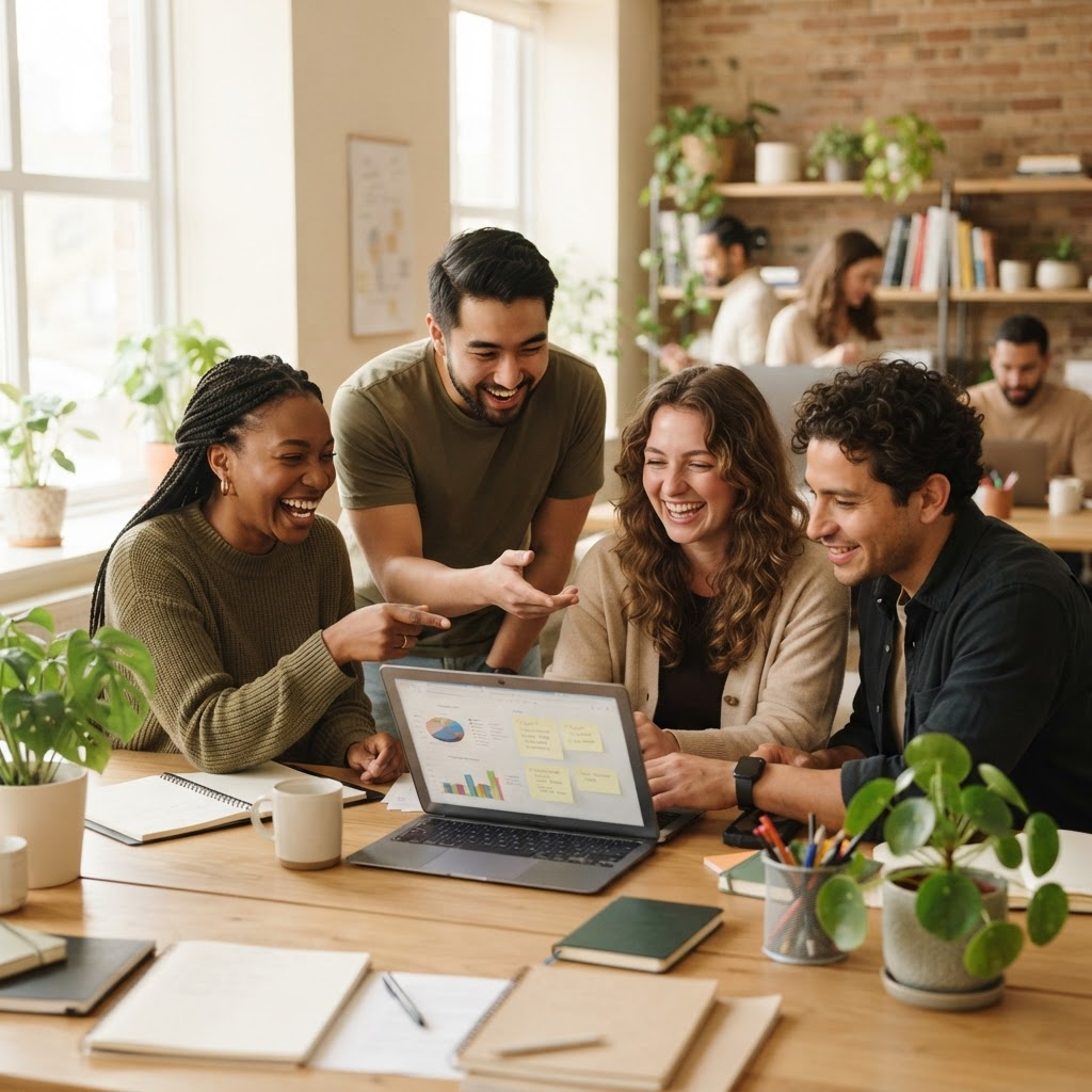 Equipo de marketing colaborando alrededor de un portátil en un estudio luminoso